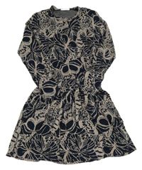 Tmavomodro-béžové vzorované úpletové šaty