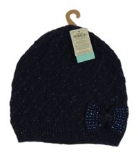 Nové - Tmavomodrá třpytivá čepice s mašlí Moonson 