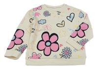 Smetanová mikina s květy a srdíčky 