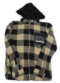 Béžovo-černá kostkovaná košile s nápisem a teplákovou kapucí C&A