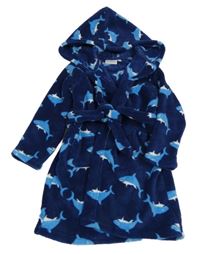 Tmavomodrý plyšový župan se žraloky a kapucí 