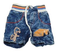 Tmavomodré plísňové plátěné kraťasy s autem a úpletovým pasem 