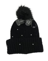 Nové - Dámská černá čepice s kamínky a bambulí Dunnes 