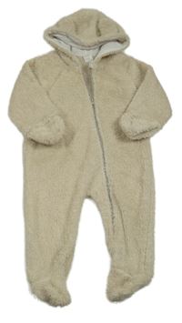 Světlebéžová chlupatá kombinéza s kapucí