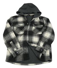 Černo-šedo-smetanová kostkovaná flaušová podšitá košilová bunda s kapucí George