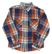 Tmavomodro-oranžovo-bílá kostkovaná košile 