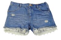 Modré riflové kraťasy s bílou krajkou 