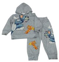 2 set - šedé tepláky s Tomem a Jerrym + šedá mikina s kapucí a Tomem a Jerrym 