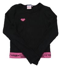 Černo-růžové crop triko s výšivkou a gumou v pase