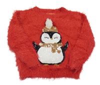 Červený chlupatý svetr s tučňákem z flitrů Primark