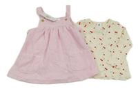 Nové - 2set  - Světlerůžové sametové žebrované šaty + triko s třešněmi 