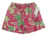 Nové - zeleno-růžové vzorované kraťasy s listy