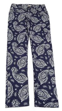 Tmavomodro-bílé vzorované plátěné kalhoty