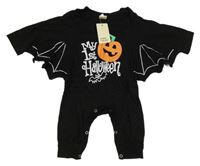 Nové - Kostým -. Černý overal s nápisem a dýní - netopýr