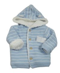 Nové - Světlemodro-bílý pruhovaný propínací zateplený svetr s kapucí Matalan