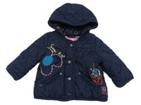 Tmavomodrá šusťáková prošívaná zimní bunda s beruškami a kapucí Next 