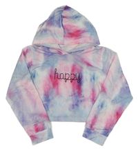 Růžovo-modro-bílá batikovaná crop mikina s nápisem a kapucí 