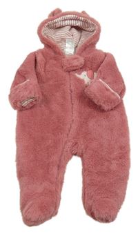 Růžová kožešinová zateplená kombinéza se slonem a kapucí 