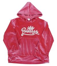 Růžová sametová mikina s nápisem z kamínků a kapucí 