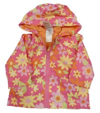 Růžová šusťáková jarní bunda s kytičkami a kapucí