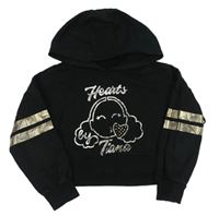 Černá oversize crop mikina s obrázkem - Hearts Tiana a kamínky a pruhy a kapucí George
