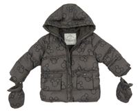 Tmavošedá prošívaná šusťáková zimní bunda s Mickey a kapucí s oušky + rukavice George
