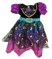 Kostým - Černo-modrozeleno-tmavofialovo/růžové sametovo/saténové šaty s tylem se zlatými hvězdičkami a měsíci