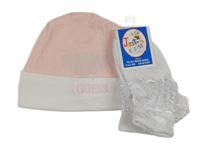 Nové - 2Set - Světlerůžovo/bílá čepice s logem GUESS + bílé ponožky s krajkovým volánkem a mašlí vel. 19-22 