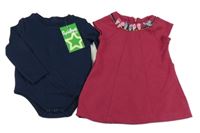 Nové - 2Set - Vínové vzorované šaty s mašličkami + tmavomodré body Cycle Band