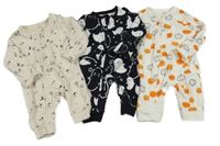Nové - 3x - Overal - Světlebéžový melírovaný s měsíci a hvězdičkami, černý s duchy, bílý s dýněmi F&F