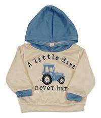 Smetanovo-modrá mikina s traktorem a kapucí SHEIN