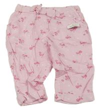 Nové - světlerůžové puntíkaté lehké kalhoty s růžemi a mašlí Matalan