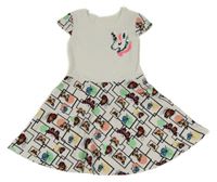 Bílo-černé vzorované šaty s jednorožcem z flitrů a motýlky a barevnými puntíky