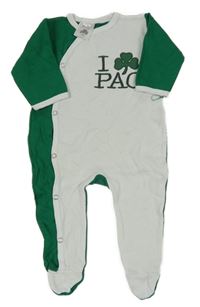 Bílo-tmavozelený overal s nápisy a trojlístkem 