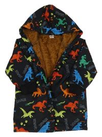 Černý jarní zateplený kabát s barevnými dinosaury a kapucí 
