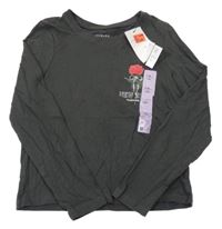 Nové - tmavošedé triko s růží PRIMARK