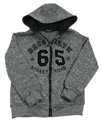 Tmavošedá melírovaná pletená propínací mikina s číslem a kapucí