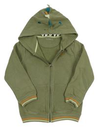 Khaki propínací mikina s nášivkou a kapucí - dinosaurus Nutmeg
