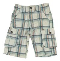 Bílo-zeleno-korálové kostkované plátěné cargo kraťasy