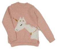 Růžový chlupatý svetr s jednorožcem s flitry St. Bernard