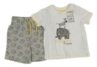 2set - Bílé tričko se slonem s zebrou + šedé melírované kraťasy Primark