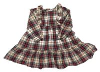 Béžovo-červeno-tmavomodré kostkované třpytivé šaty s volánky F&F