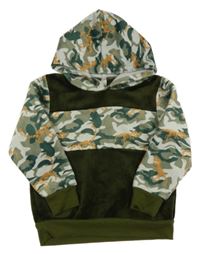 Khaki-army chlupatá mikina s kostrami dinosaurů a kapucí