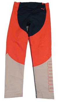 Korálovo-tmavomodro-růžové sportovní crop legíny s logem Puma
