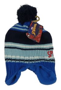 Nové - tmavomodro-modrá pruhovaná podšitá čepice se Spidermanem a bambulí MARVEL