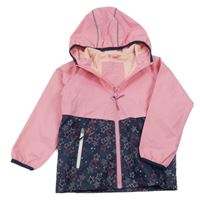 Růžovo-tmavomodrá šusťáková jarní bunda s hvězdičkami a kapucí 