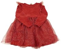 Červené žinylkové šaty s tylovou sukní a volánky H&M