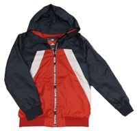 Červeno-tmavomodrá šusťáková jarní bunda s kapucí we