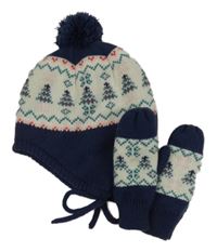2 set - tmavomodro-bílá vzorovaná pletená čepice s bambulí + palcové rukavice 