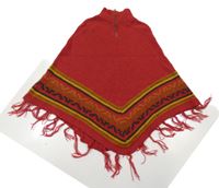 Cihlovo-žluté vzorované pletené pončo s třásněmi 